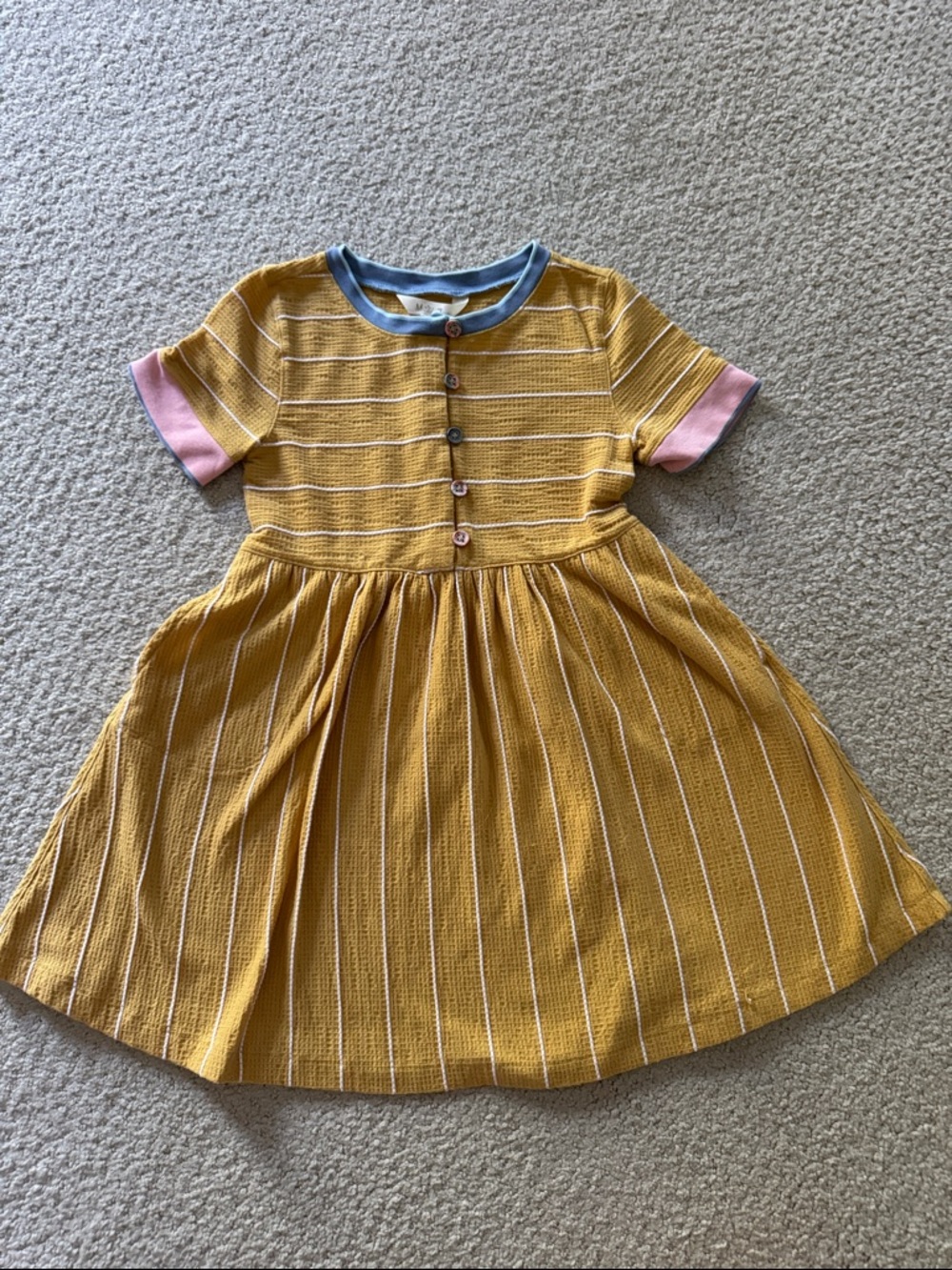 Matilda Jane Mustard Striped Short-Sleeve Dress with Pink Cuffs and Blue Trim